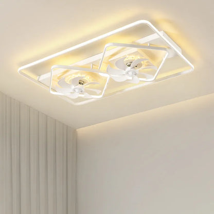 Modern ceiling fan lamp with light, 1100mm by 700mm, thin suction design, acrylic lampshade, in a bedroom setting