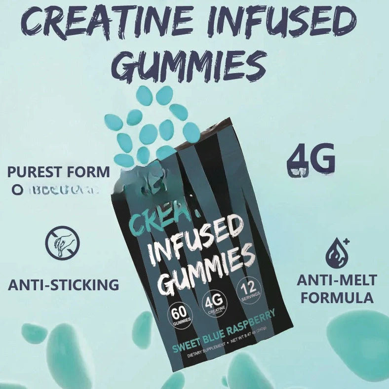 Box of 60 creatine monohydrate gummy nutritional supplements with room temperature storage