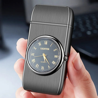 Multifunctional electronic watch lighter in black brushed metal showing watch face and ignition button.
