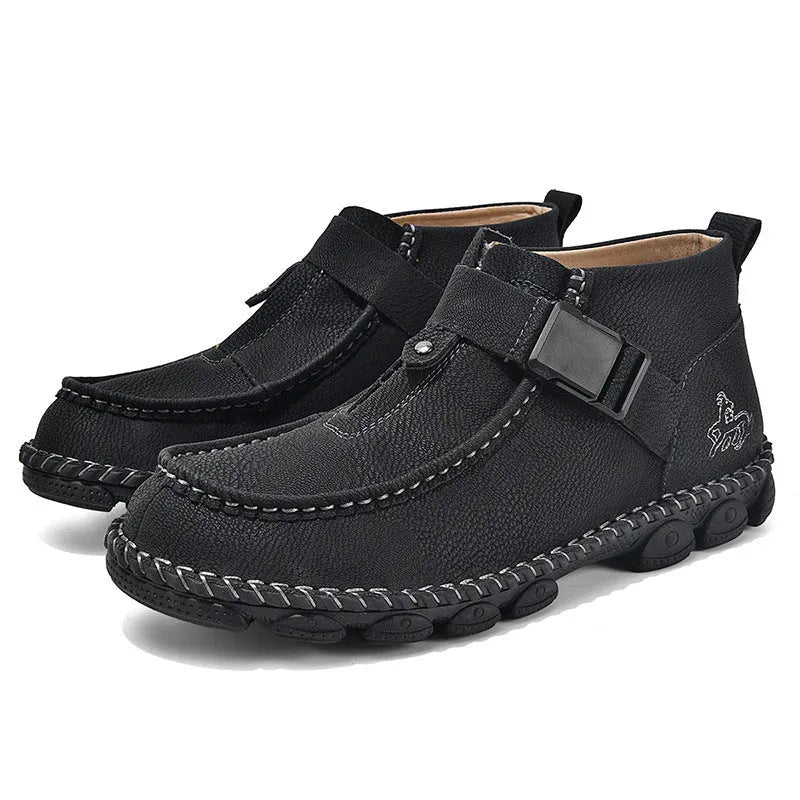 Handmade stitching casual flat slip-on shoes in black PU leather with low 1-3cm heel and shock absorption sole