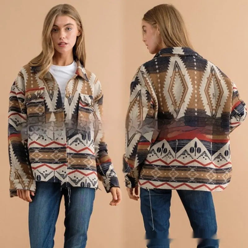 Retro style women's jacket with Aztec print in woolen coat construction, shown in loose fit with long sleeves