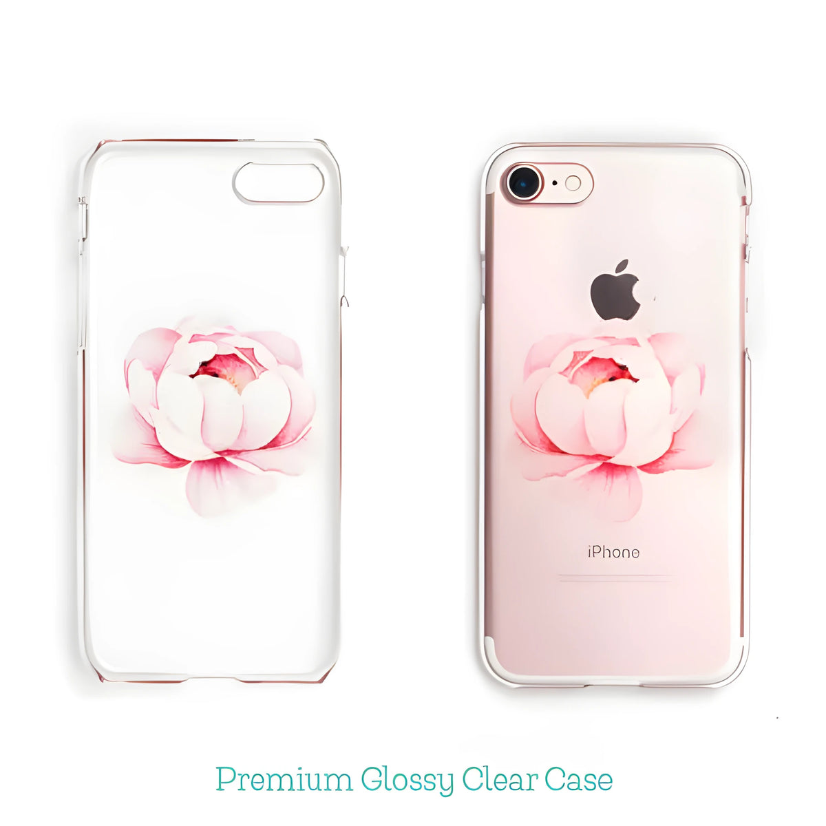 Clear TPU smartphone case with a custom design on the back, shown fitting an iPhone.