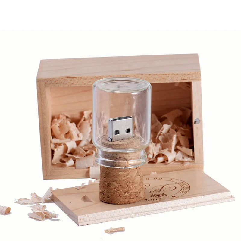 Personalised wooden USB flash drive with custom engraved lettering and drift bottle design, available in 4GB to 128GB capacities and chocolate brown colour, ideal for creative gifts and portable data storage