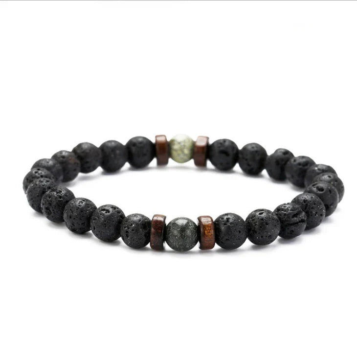 A stylish and durable men's bracelet made with volcanic stone, flash stone, and wood chips