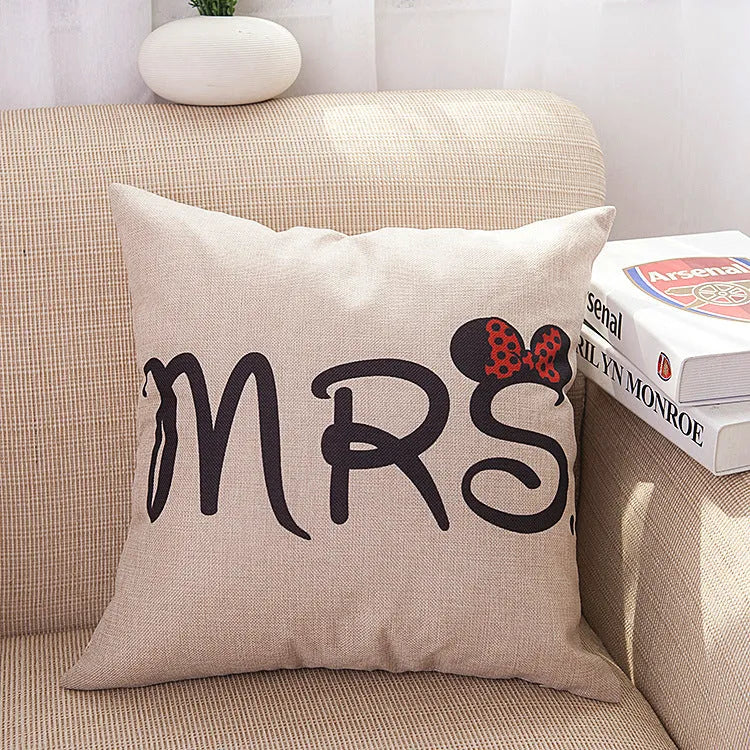 Valentine linen pillowcase 45x45cm cartoon cushion cover with MR and MRS colour options