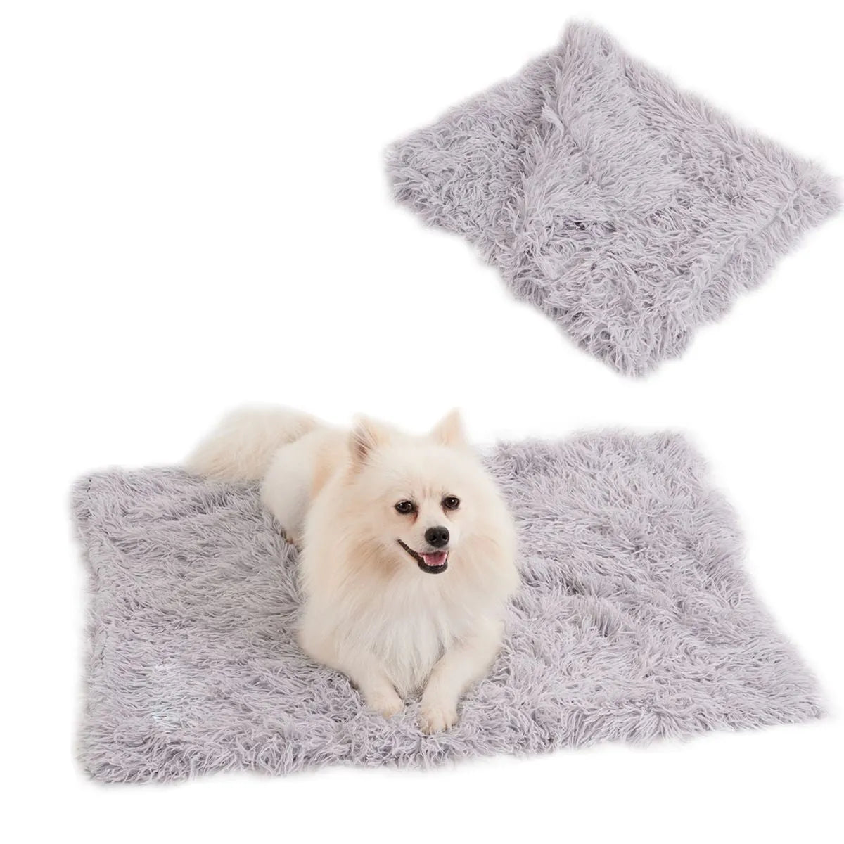 Light grey double-layer velvet plush pet blanket folded on a sofa next to a dog.