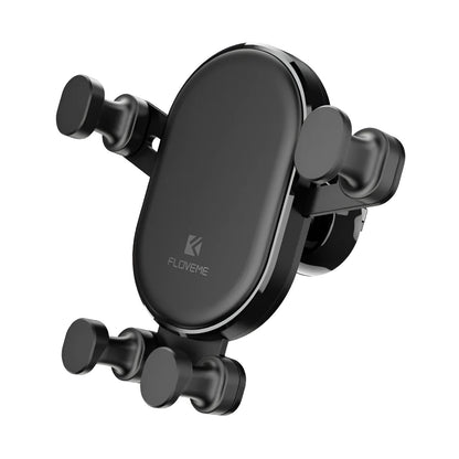 Black gravity car phone holder mounted on a car air vent, showing 360-degree rotation.