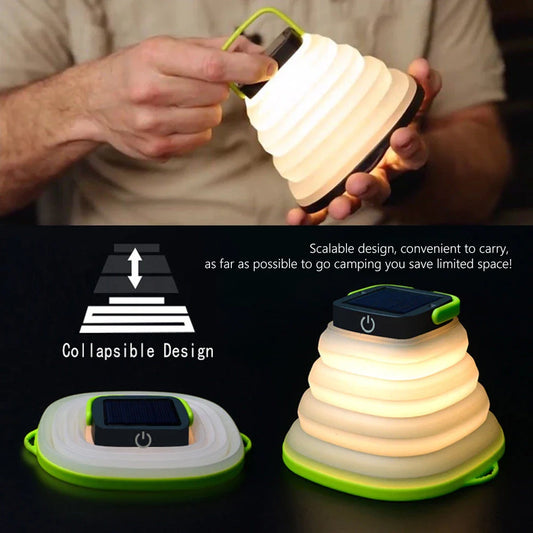 Compact and collapsible solar-powered camping lantern with adjustable brightness and IP68 waterproof rating