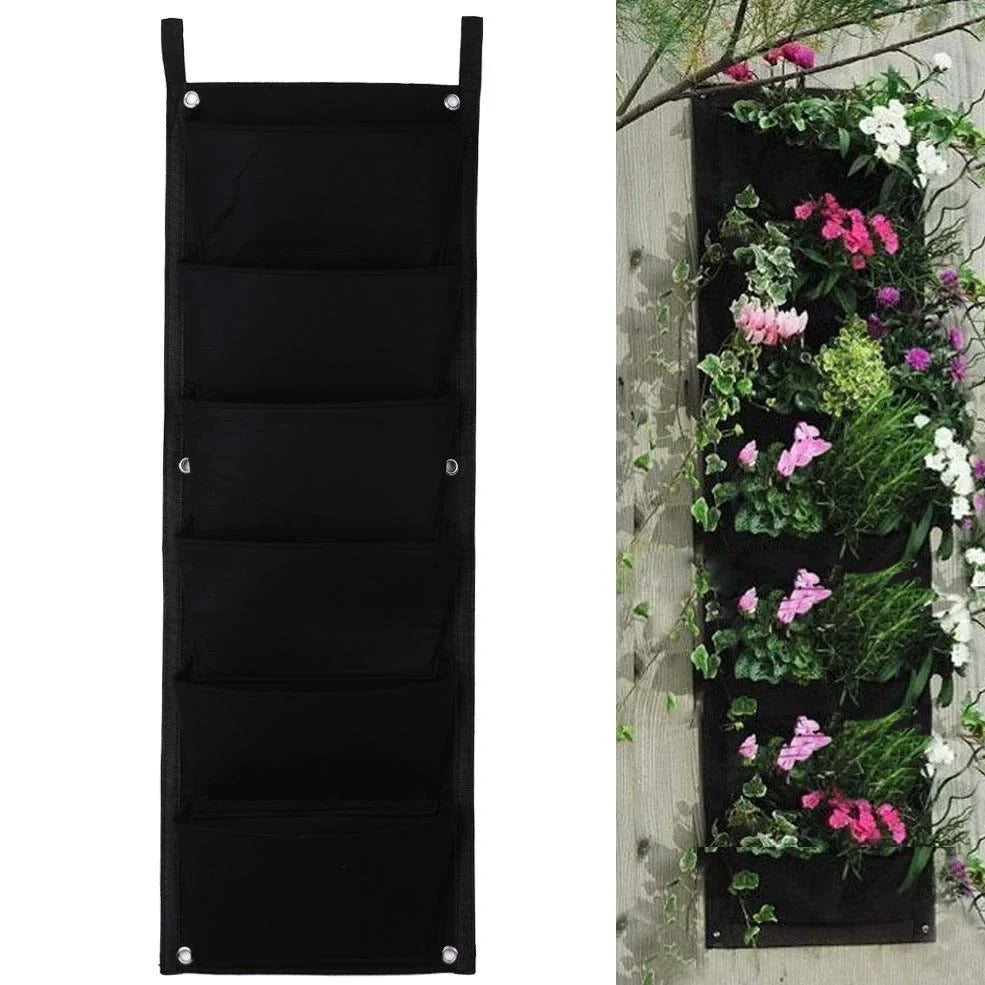 Vertical wall hanging planting bag in grey felt with 18 pockets for indoor outdoor herb and vegetable growth, 102cm tall