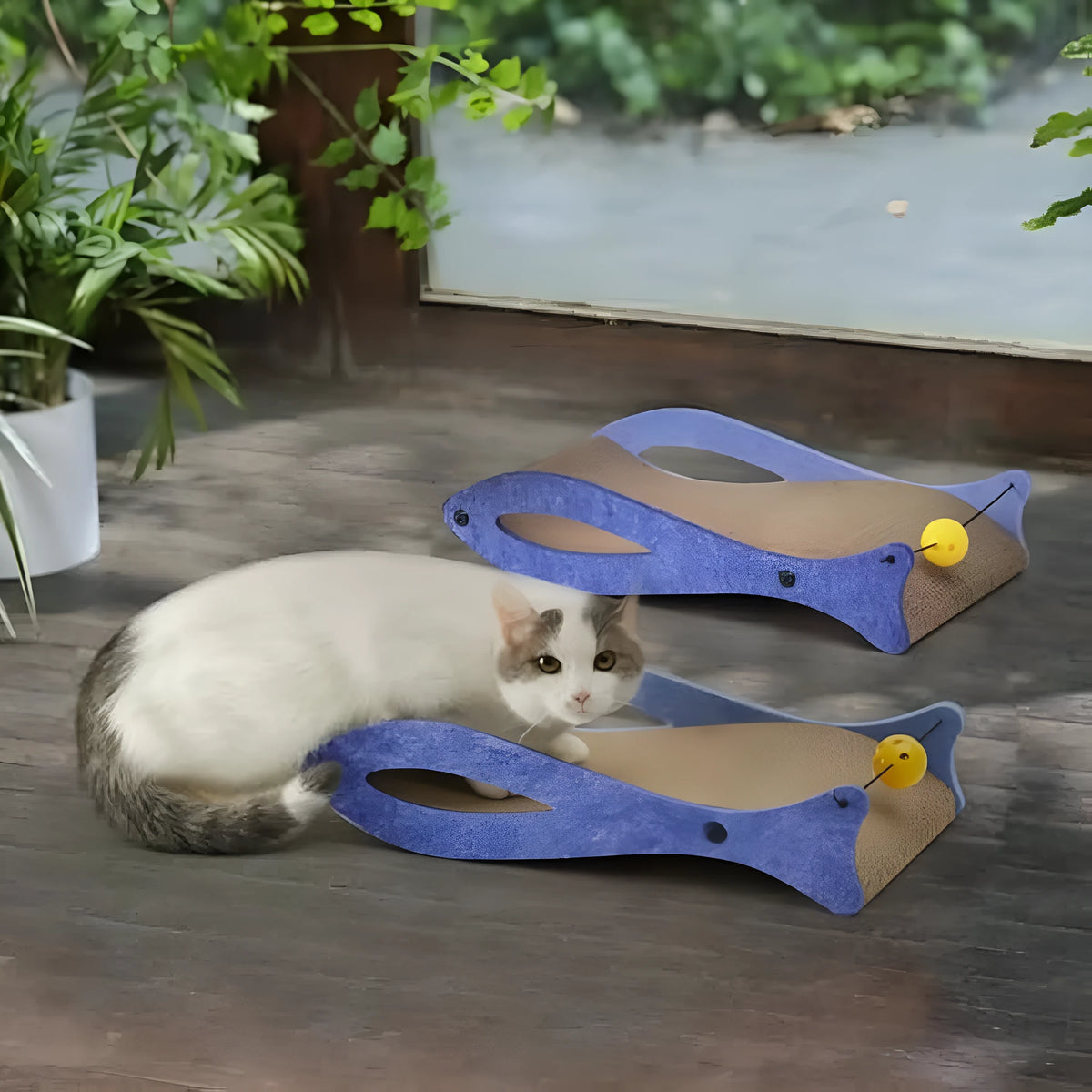 Blue fish-shaped cat scratcher with bell toys on elastic cord, dimensions 46cm by 25cm by 10cm