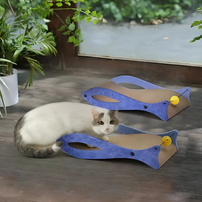 Blue fish-shaped cat scratcher with bell toys on elastic cord, dimensions 46cm by 25cm by 10cm