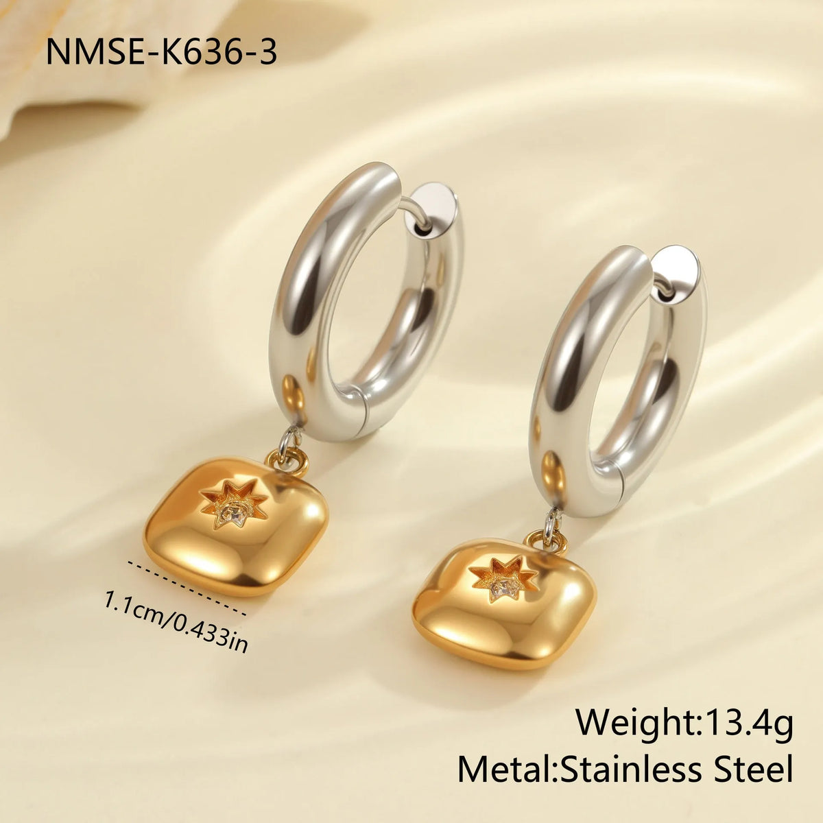 Stainless steel Christmas tree earrings with 18K electroplated finish and heart-shaped star ornament designs