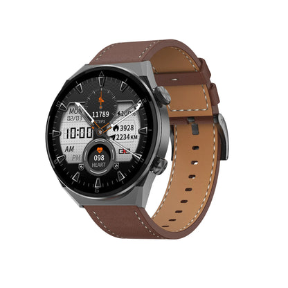Simple metal smartwatch with black silicone strap and 1.45-inch screen displaying heart rate.