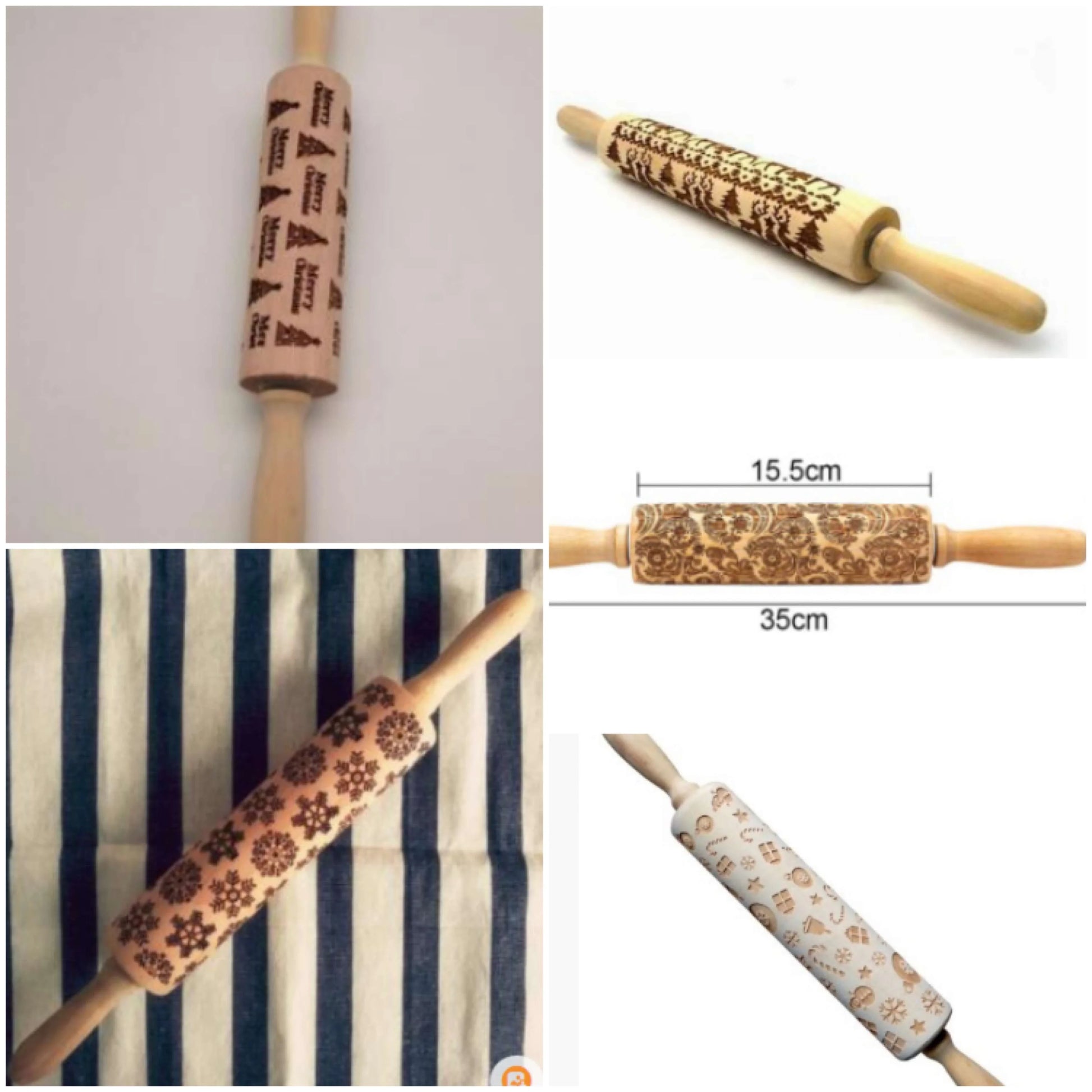 Festive rolling pin with embossed Christmas designs for easy imprinting on dough