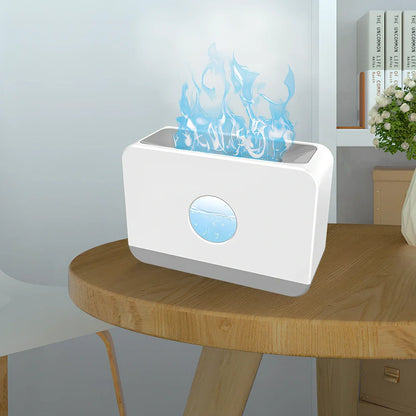 Square two-colour flame aromatherapy humidifier showing black unit with blue and orange flame lighting effect