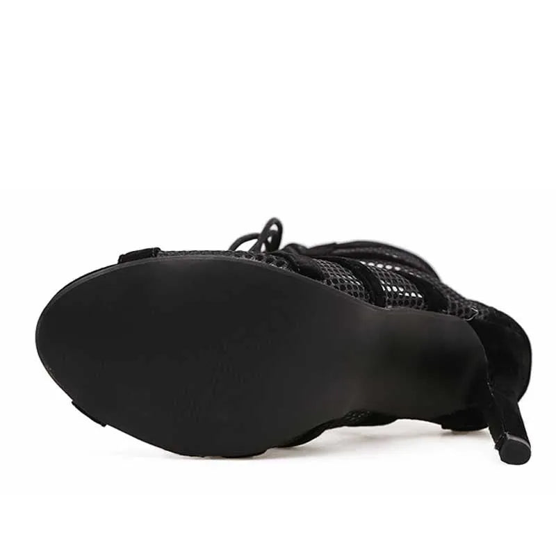 Black suede women's lace-up high-heel shoes with an 11.5 cm heel on a white background.