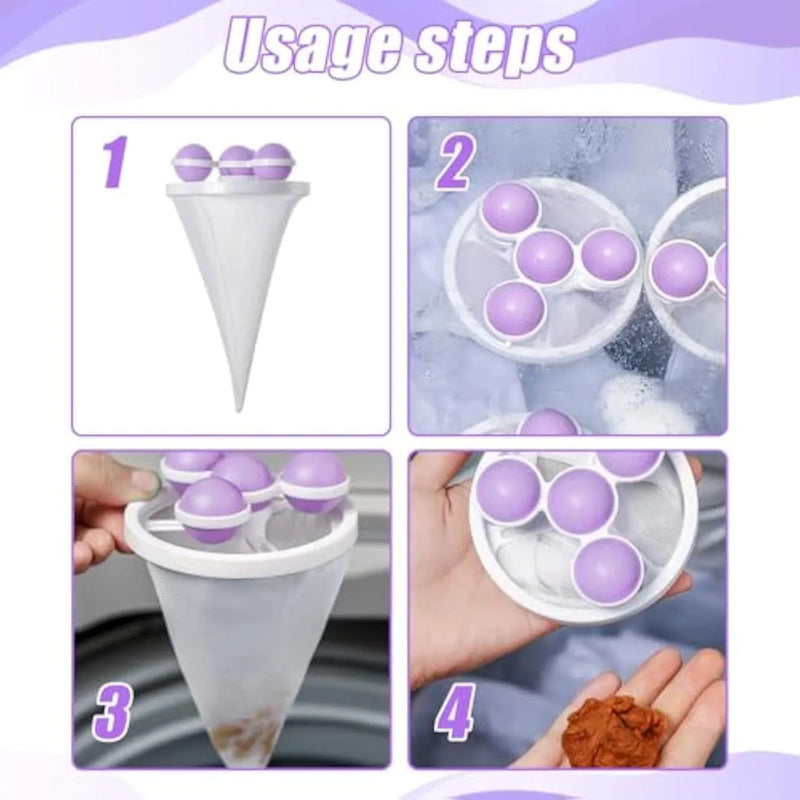 Floating hair filtering mesh removal bags for washing machine, 3 pack reusable pet lint removers with nylon mesh and PVC construction measuring 17.5 x 9.2 cm in blue pink or purple colour options