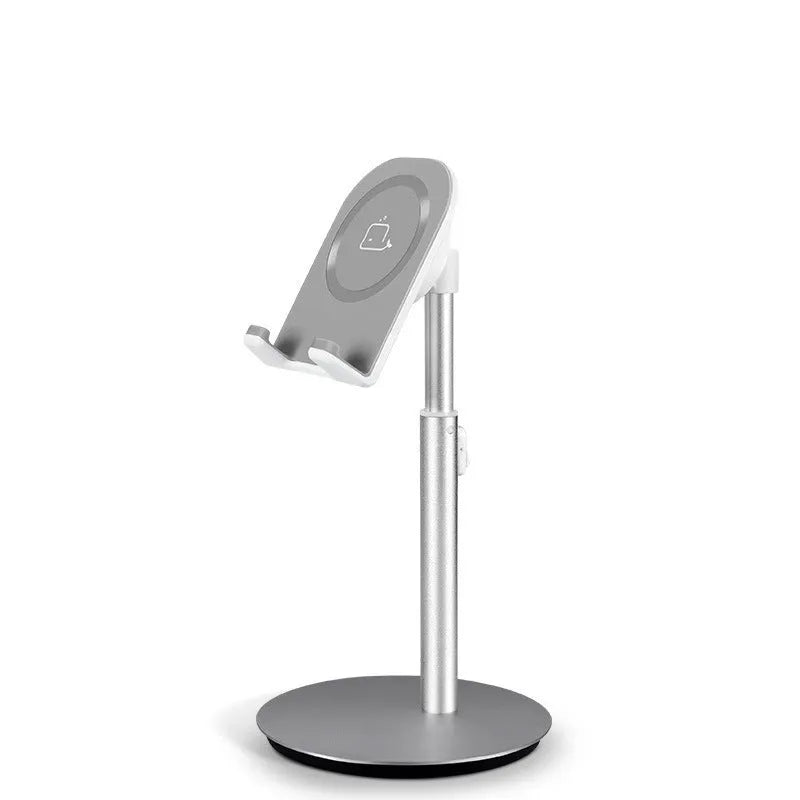Silver metal desktop stand holding tablet and phone for hands-free viewing