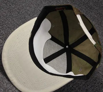 Camo snapback cap with flat brim, cotton polyester, adjustable closure, shown in black, blue, camouflage, and navy blue.