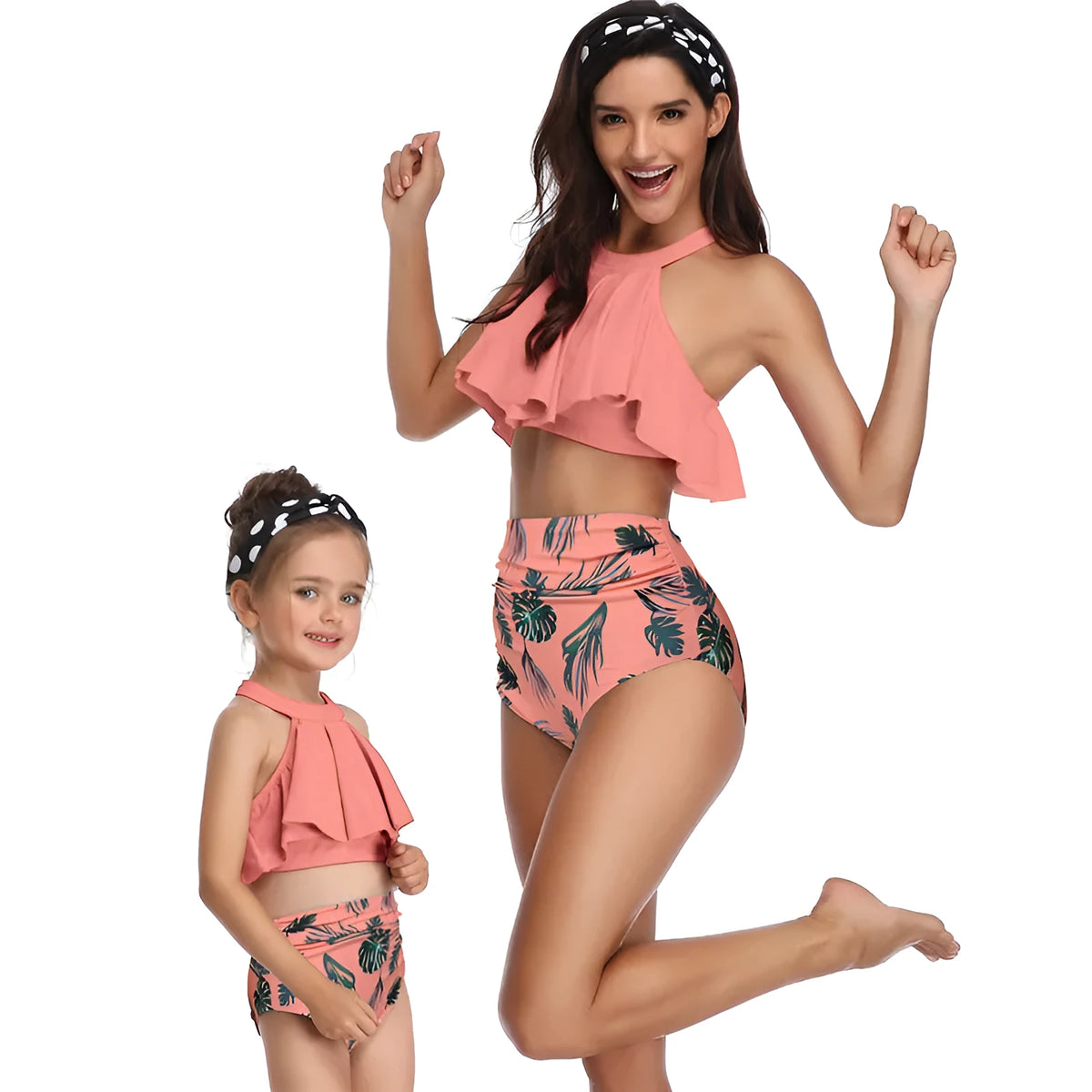 Nylon one-piece swimsuit with chest pad, available in flower, orange, and red, adult and child sizes.