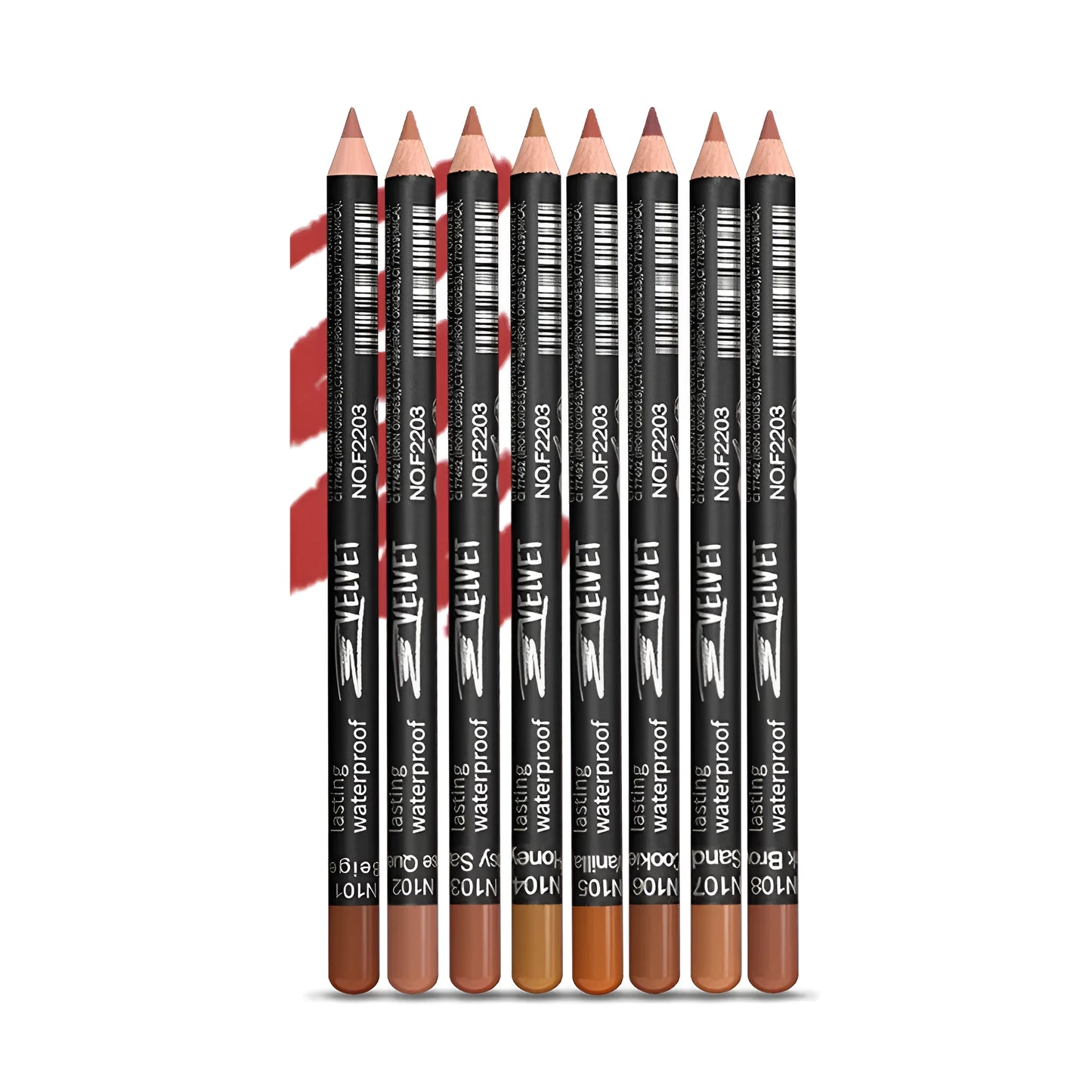 Matte finish lip liner pencil shown in a case, with 14 shade options from 201 to 214 for lip contouring.