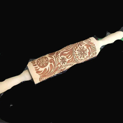 Festive rolling pin with embossed Christmas designs for easy imprinting on dough
