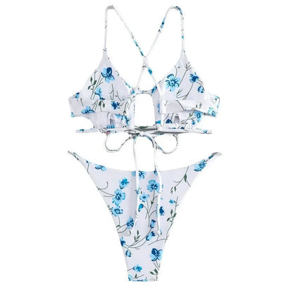 Floral tie-neck triangle bikini top with matching ruffle shorts swimsuit set