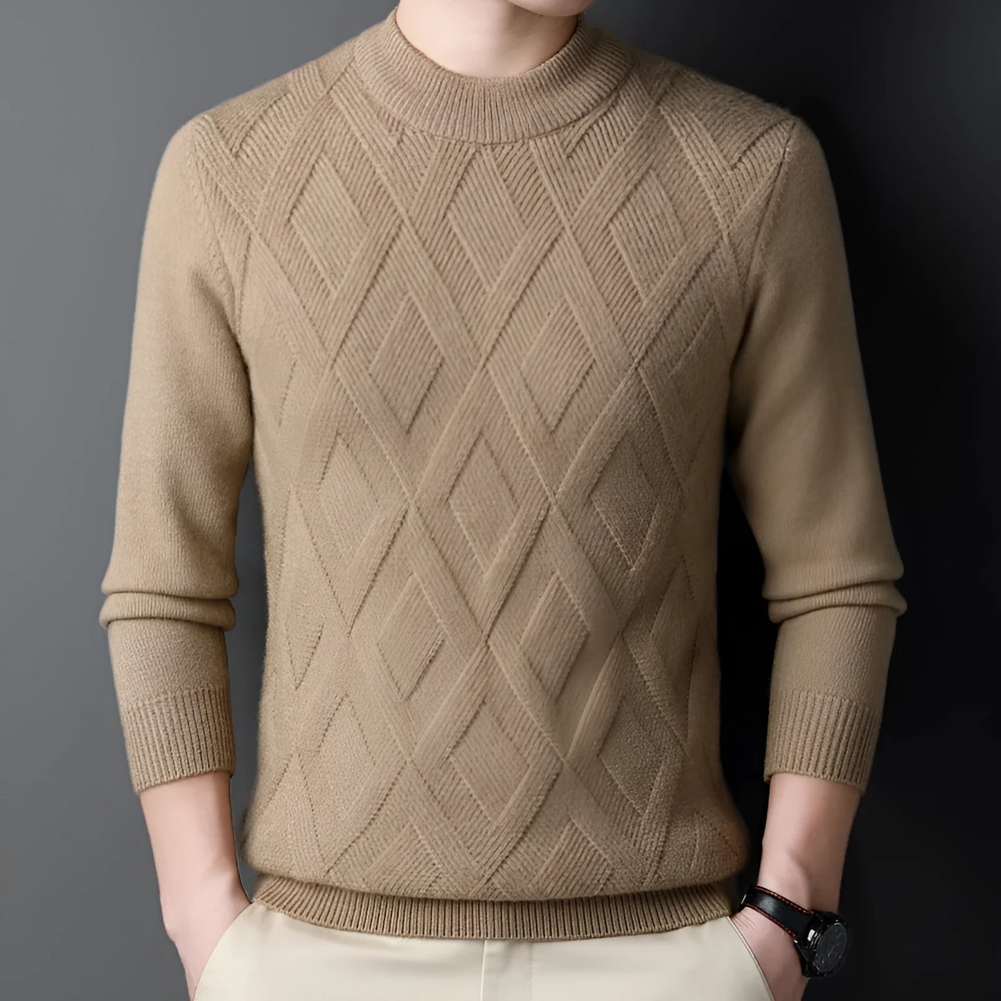 Men's thick winter pullover sweater with diamond jacquard pattern in a light camel colour.