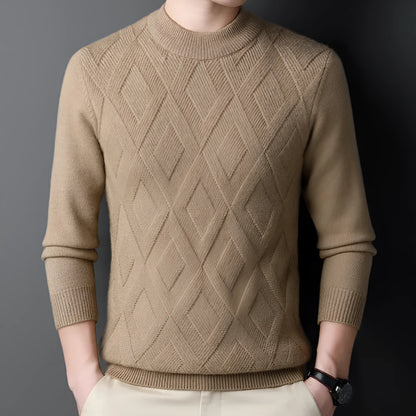 Men's thick winter pullover sweater with diamond jacquard pattern in a light camel colour.