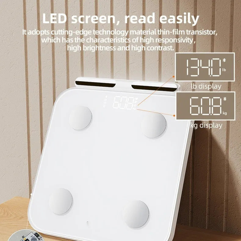 White professional body fat scale with 8 electrodes on a 30x30cm tempered glass platform and LED display