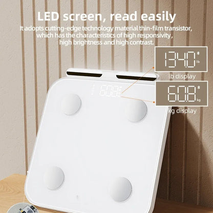 White professional body fat scale with 8 electrodes on a 30x30cm tempered glass platform and LED display