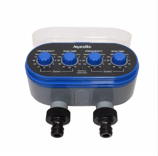 Dual timer automatic garden watering controller with battery compartment for cordless irrigation.