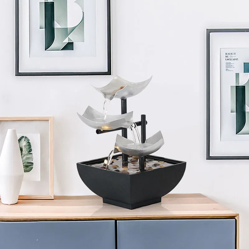 Handmade desktop water fountain ornament with flowing water display in modern minimalist style