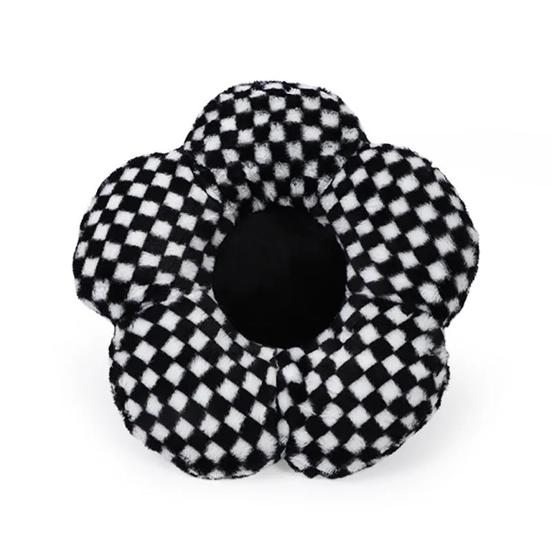 Black and white check car headrest neck pillow with plush material and lumbar support function