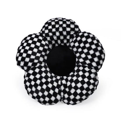 Black and white check car headrest neck pillow with plush material and lumbar support function