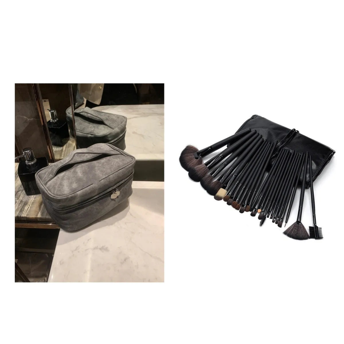 Waterproof portable partition storage handbag in PU leather, 23x11.5x15.5cm, grey or brown