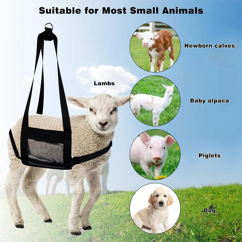 Large calf dog sling weighing bag for small animals and livestock, 35 x 150 cm black polyester and nylon animal weighing sling suitable for veterinary use, pet weighing, and livestock handling with secure construction and strong handles.