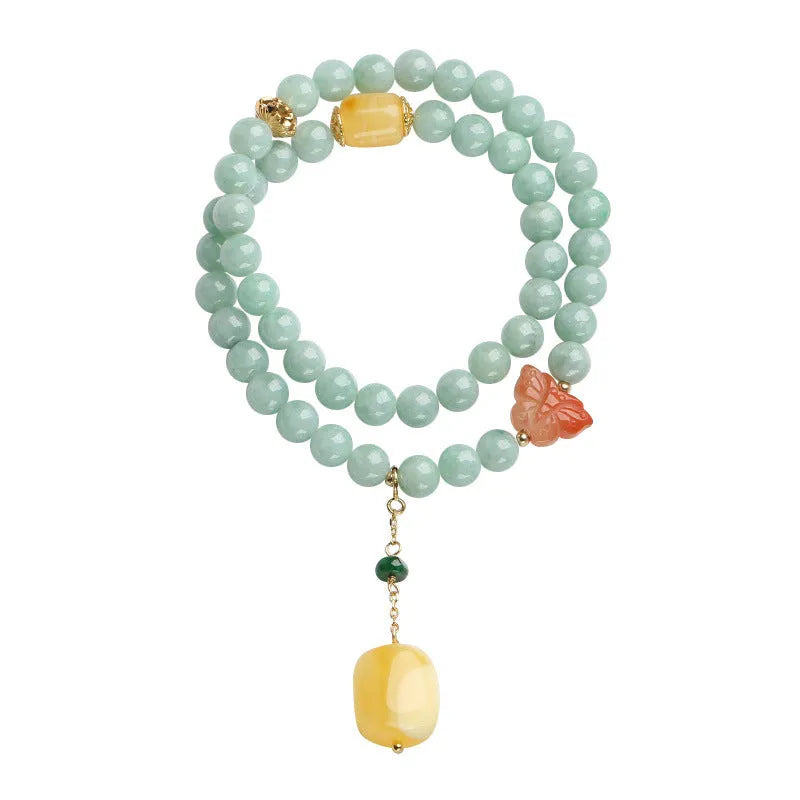 Double-layer retro women's bracelet with jade round beads and beeswax barrel beads in geometric design