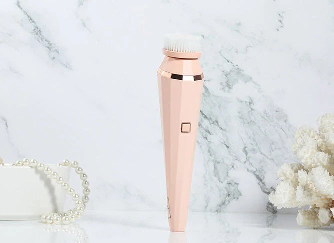 4-in-1 USB rechargeable facial cleansing brush with soft silicone brushes for deep cleaning and radiant skin