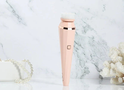 4-in-1 USB rechargeable facial cleansing brush with soft silicone brushes for deep cleaning and radiant skin