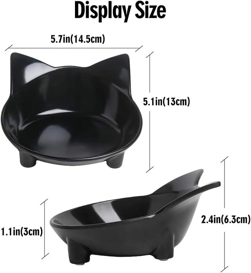 Double pet bowl set made from 5A food-grade melamine with a 145mm diameter shallow dish and non-slip rubber base to reduce whisker fatigue and prevent spills