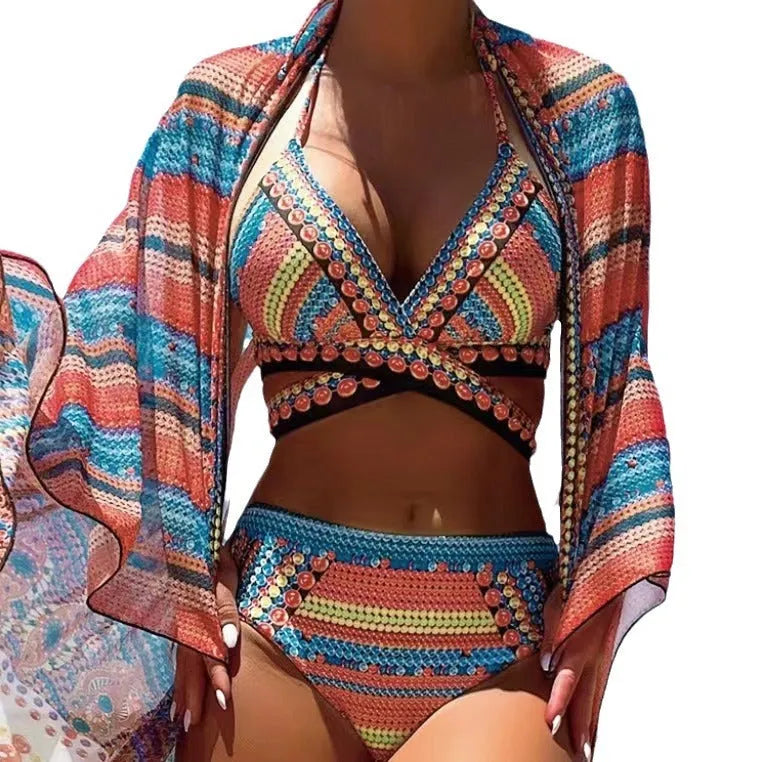 Women's split cross strap retro ethnic style swimsuit bikini set