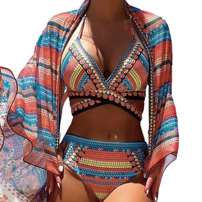 Women's split cross strap retro ethnic style swimsuit bikini set
