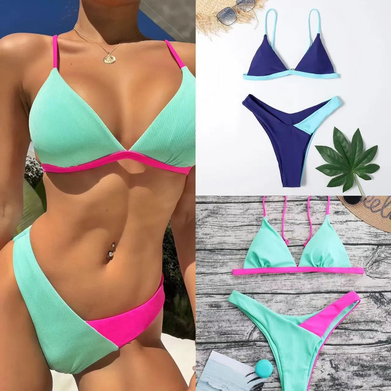 Women's patterned nylon swimsuit briefs set on a white background.