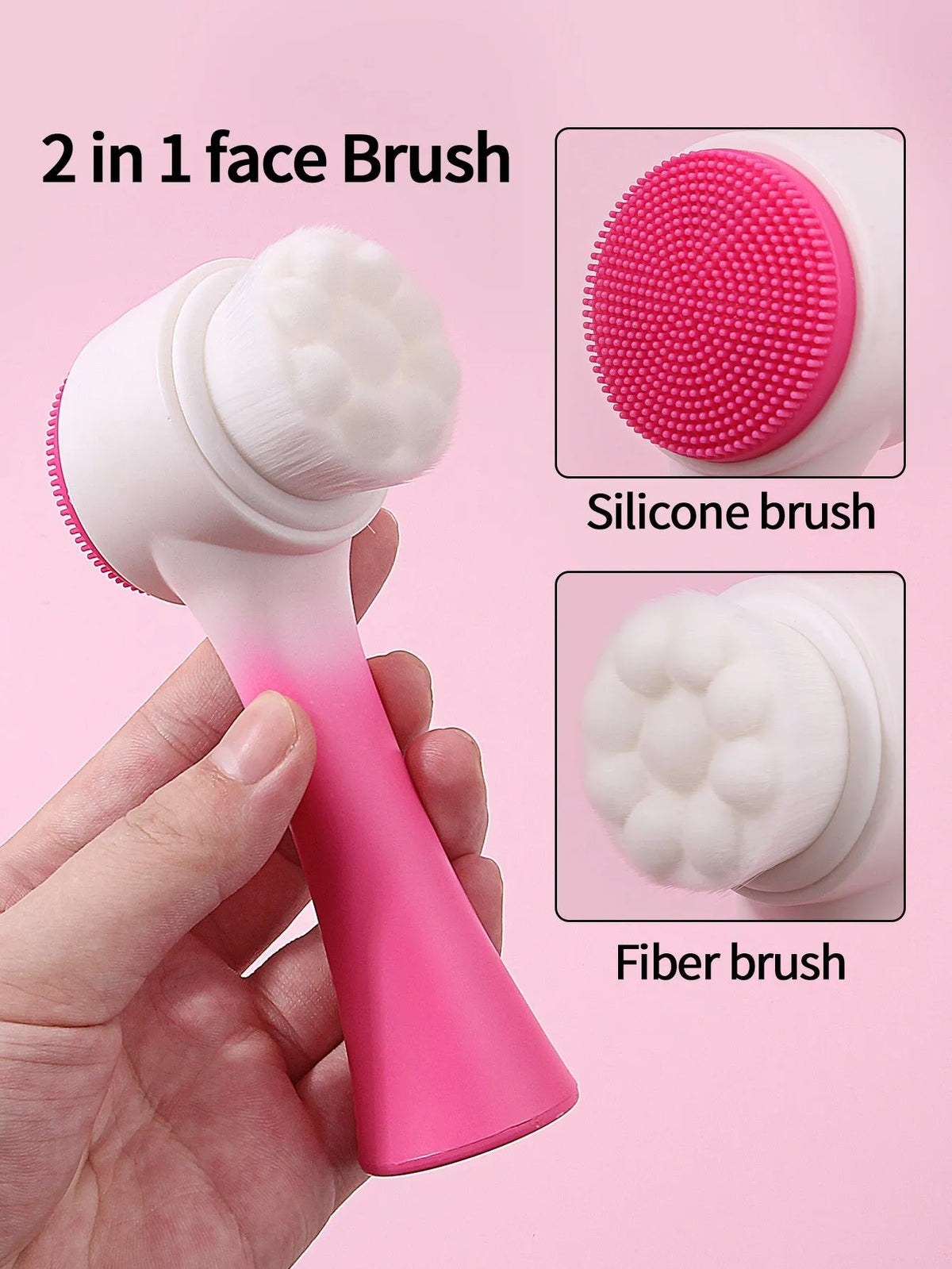 Facial brush set with coral fleece hair band and four nylon-bristle brushes in purple, grey, white, or pink colours