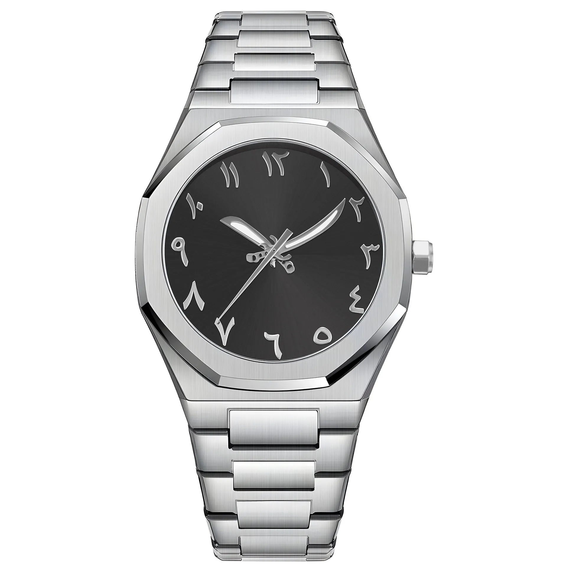 Men's business casual quartz watch with steel belt in black and silver colours, showing 10mm thick case.