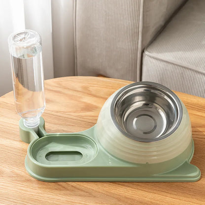Brown elevated pet feeding bowl with attached water bottle for cats and small dogs on a wooden floor.
