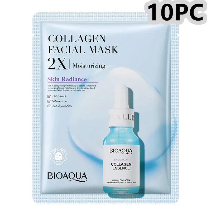 White collagen and hyaluronic acid facial sheet mask in 30g gel format on skin