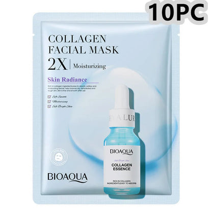 White collagen and hyaluronic acid facial sheet mask in 30g gel format on skin