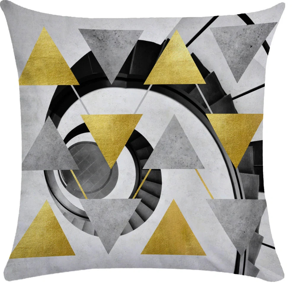 Geometric pattern throw pillow on office sofa showing 45x45cm size with ultra-flexible printing